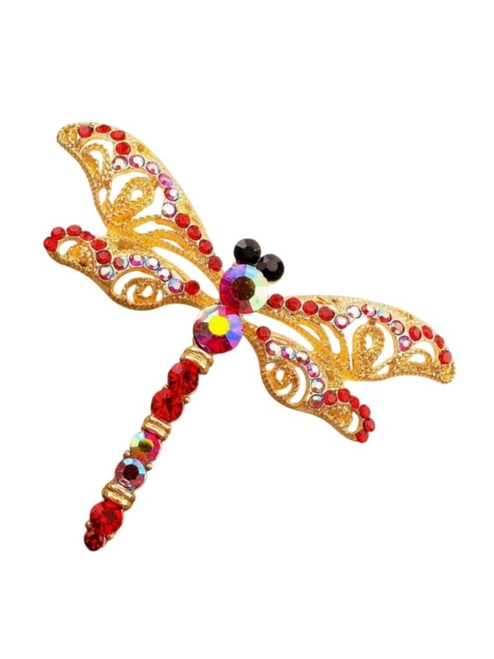 Dragonfly Brooch With Red Iridescent Crystals Gold Tone